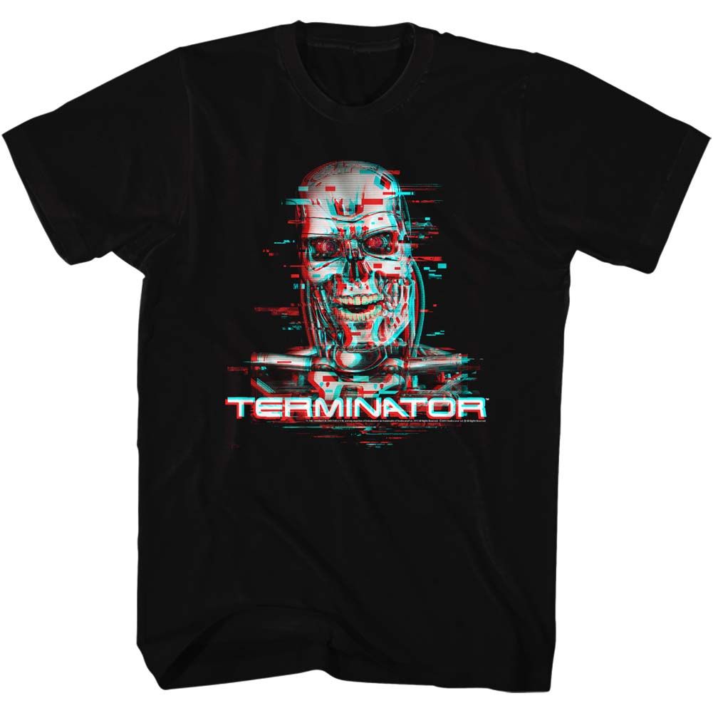 Black Terminator T-shirt featuring a digital glitch-style T-800 skull graphic with neon red and blue distortion.