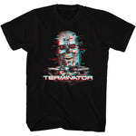 Black Terminator T-shirt featuring a digital glitch-style T-800 skull graphic with neon red and blue distortion.
