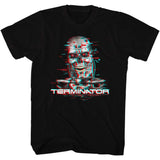 Black Terminator T-shirt featuring a digital glitch-style T-800 skull graphic with neon red and blue distortion.
