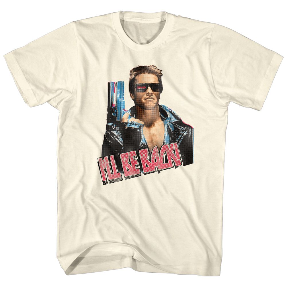 Vintage cream-colored Terminator T-shirt featuring Arnold Schwarzenegger holding a gun with “I’ll Be Back!” in bold red retro lettering.