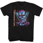 Black Terminator T-shirt featuring a neon-style T-800 endoskeleton head in pink and blue hues against an orange grid background.