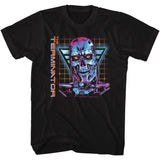 Black Terminator T-shirt featuring a neon-style T-800 endoskeleton head in pink and blue hues against an orange grid background.