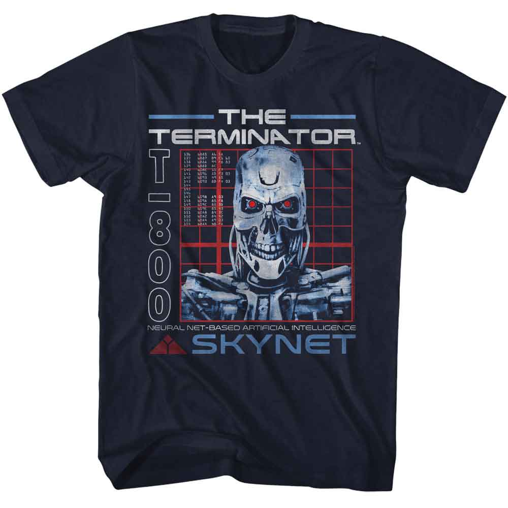 Navy blue Terminator T-shirt featuring a T-800 endoskeleton with glowing red eyes, grid background, and Skynet logo beneath the text “The Terminator.”