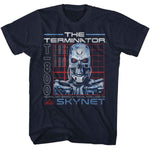 Navy blue Terminator T-shirt featuring a T-800 endoskeleton with glowing red eyes, grid background, and Skynet logo beneath the text “The Terminator.”