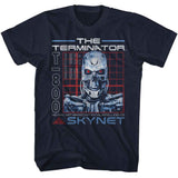 Navy blue Terminator T-shirt featuring a T-800 endoskeleton with glowing red eyes, grid background, and Skynet logo beneath the text “The Terminator.”