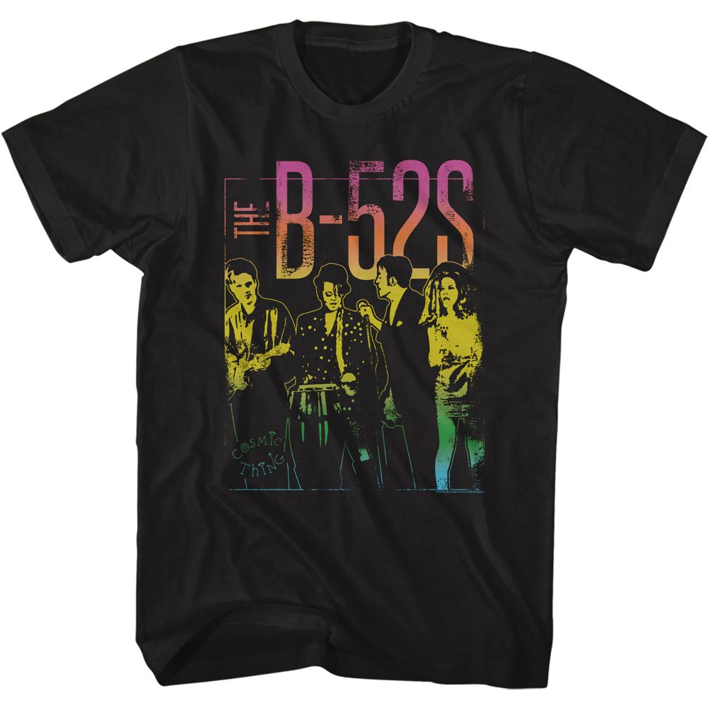 Black T-shirt featuring The B-52s band photo with Cosmic Thing styling and colorful gradient design
