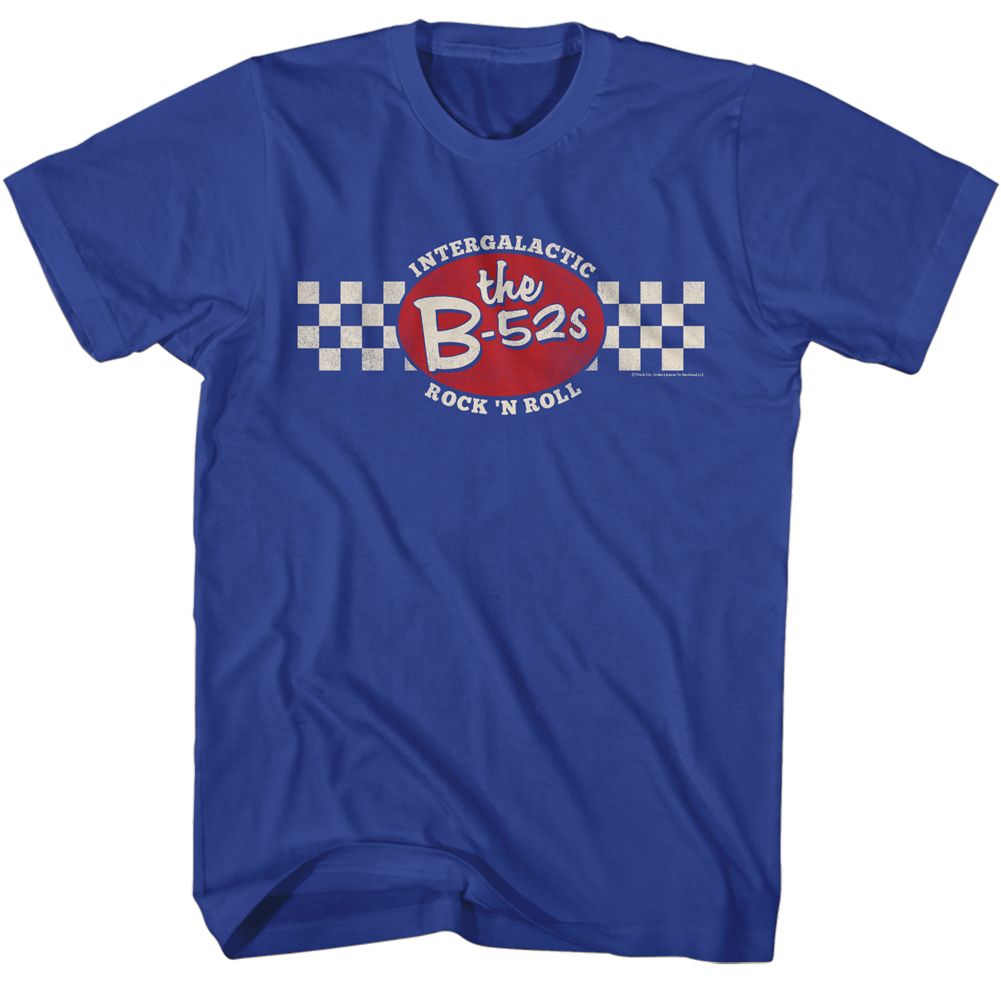 Blue T-shirt featuring The B-52s Intergalactic Rock n Roll logo with checkerboard accents