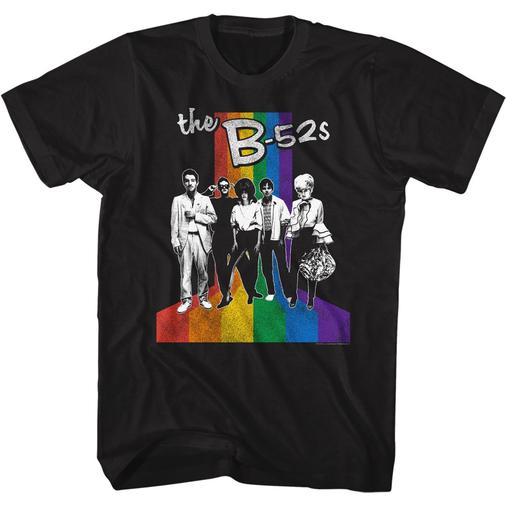 Black T-shirt featuring The B-52s band photo over colorful rainbow stripe background