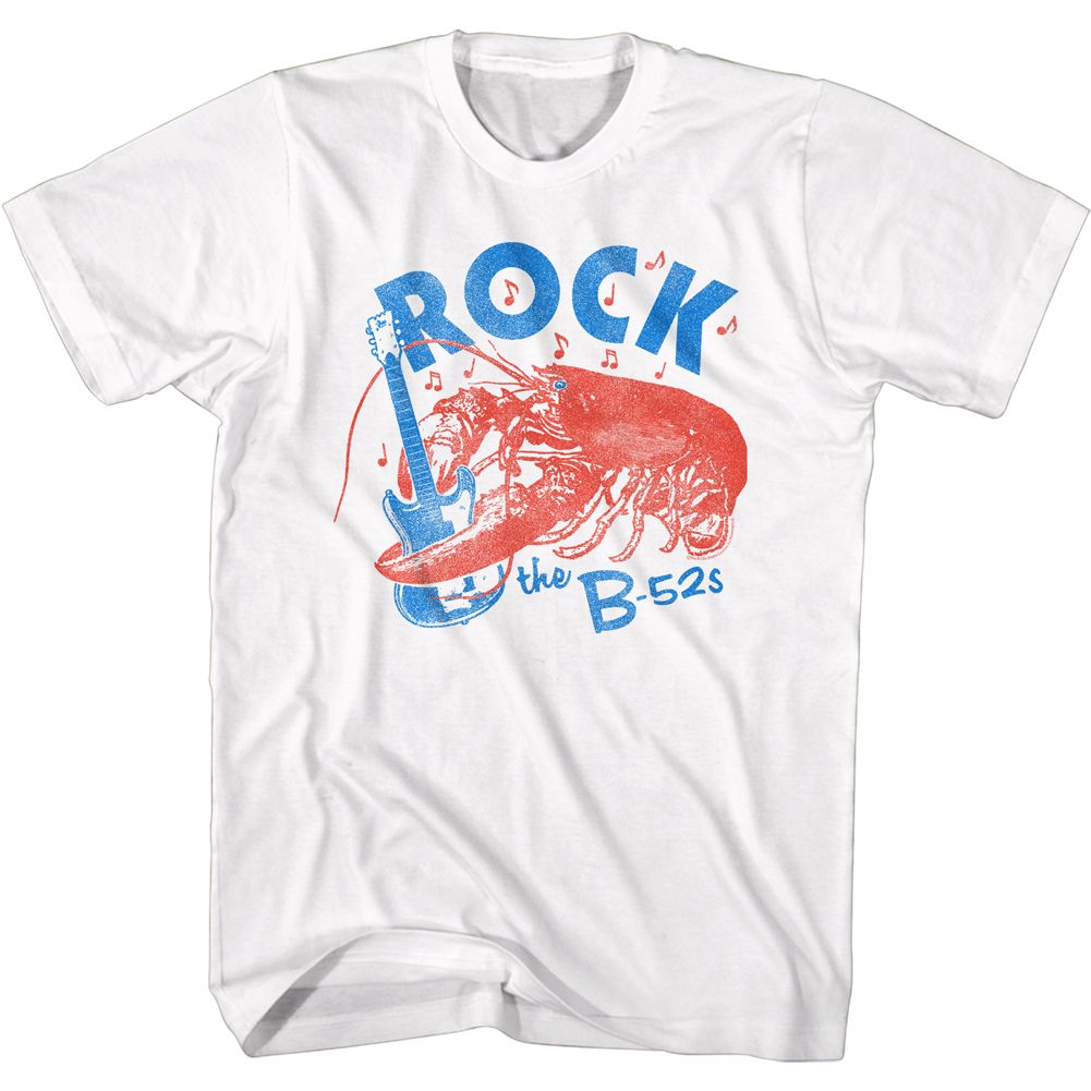 Rock Lobster guitar illustration with The B-52s logo printed on a white T-shirt