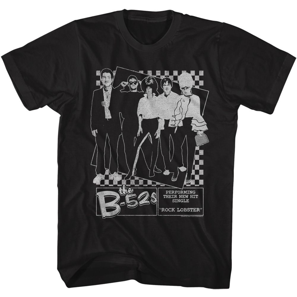 Black T-shirt featuring vintage-style The B-52s band illustration promoting the Rock Lobster single