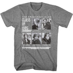 Gray The Breakfast Club T-shirt featuring black and white character portraits labeled Class of 1985 with names and titles