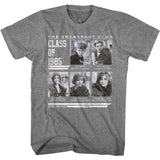 Gray The Breakfast Club T-shirt featuring black and white character portraits labeled Class of 1985 with names and titles