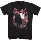 Black The Breakfast Club T-shirt featuring a large image of the fist pump scene with pink script lettering and circular character portraits
