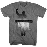 Gray The Breakfast Club T-shirt featuring a silhouette figure filled with handwritten letter text and the film title across the center