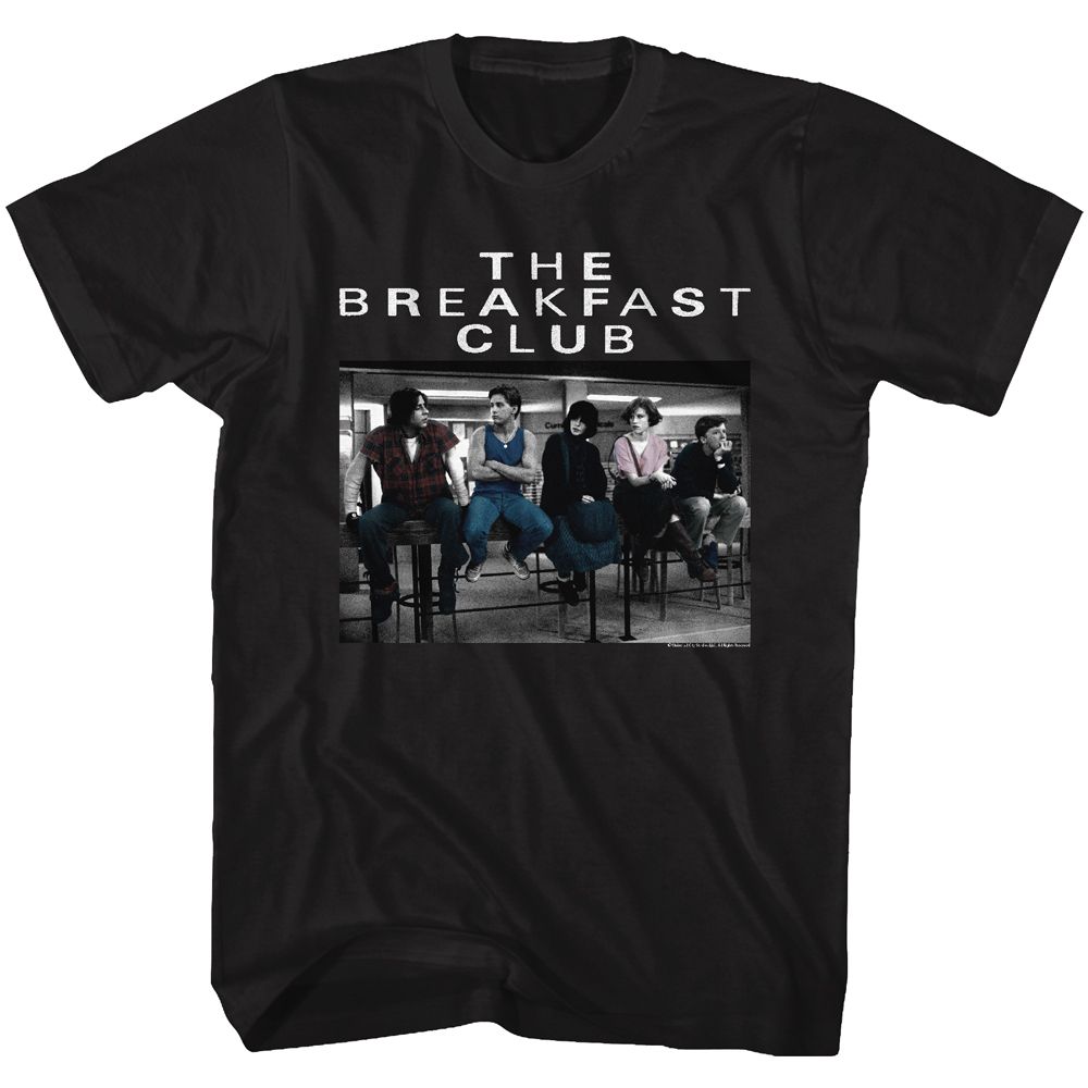 Black The Breakfast Club T-shirt featuring a scene of the five students sitting together in the library with the film title above