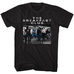 Black The Breakfast Club T-shirt featuring a scene of the five students sitting together in the library with the film title above