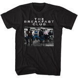 Black The Breakfast Club T-shirt featuring a scene of the five students sitting together in the library with the film title above
