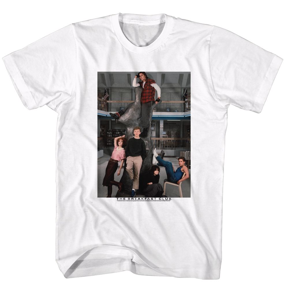 White The Breakfast Club T-shirt featuring the cast posed around the library statue with the film title below