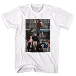 White The Breakfast Club T-shirt featuring the cast posed around the library statue with the film title below
