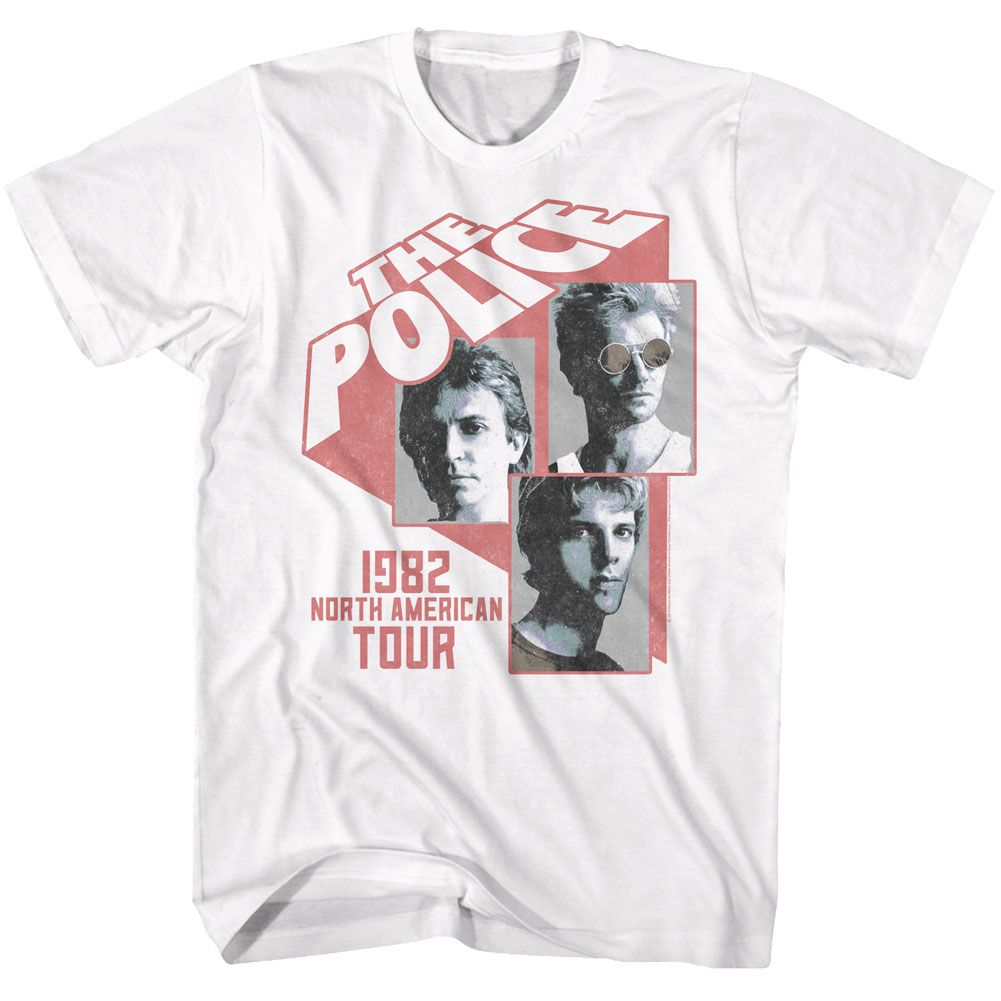 White T-shirt featuring The Police 1982 North American Tour graphic with band member portraits
