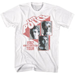 White T-shirt featuring The Police 1982 North American Tour graphic with band member portraits
