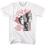 White T-shirt featuring The Police 1982 North American Tour graphic with band member portraits