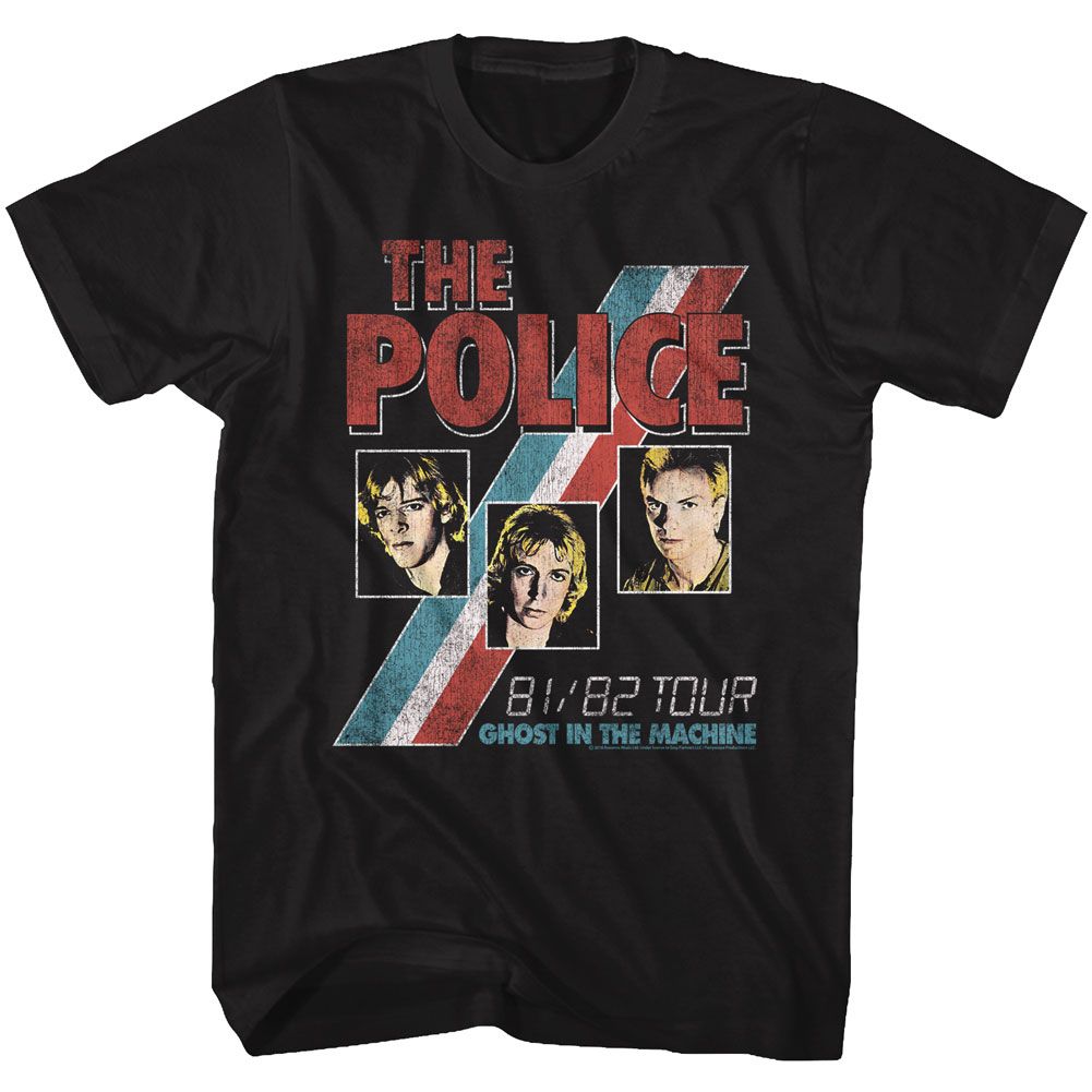 Black T-shirt featuring The Police 81 82 Tour Ghost in the Machine graphic with band member photos