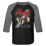 Black and gray raglan shirt featuring The Police 81 82 Tour Ghost in the Machine graphic with band photos