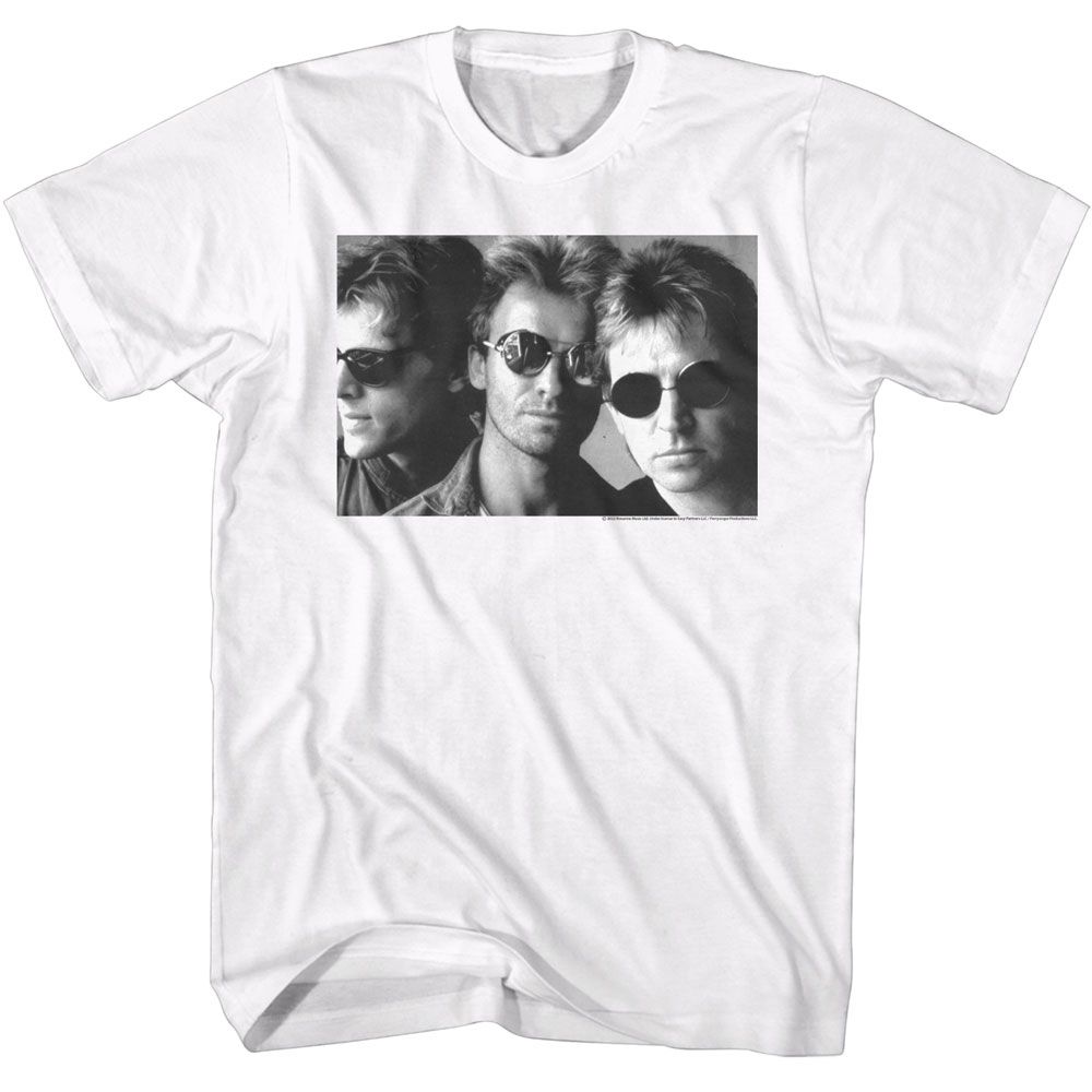 White T-shirt featuring black and white portrait of The Police band members wearing sunglasses