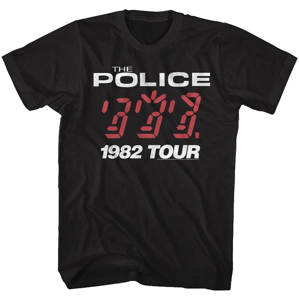 Black T-shirt featuring The Police Ghost in the Machine 1982 Tour red digital graphic