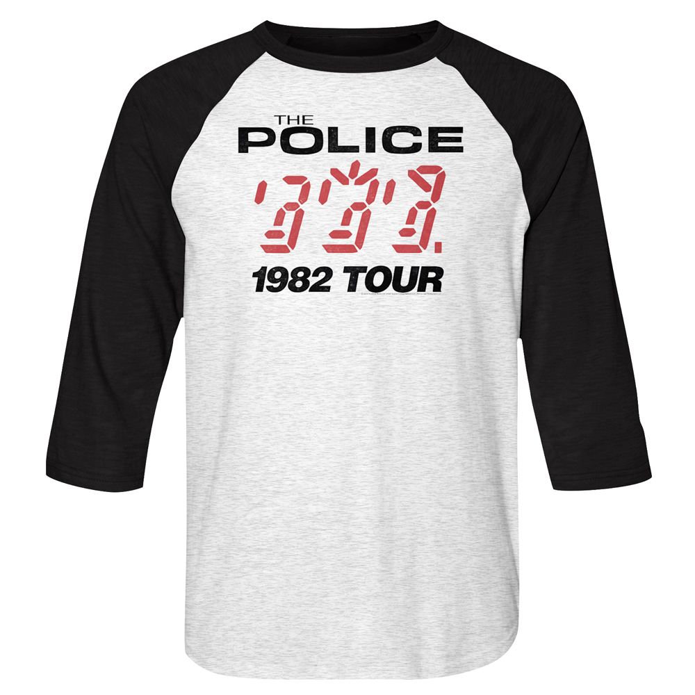 Black and heather gray raglan shirt featuring The Police Ghost in the Machine 1982 Tour graphic