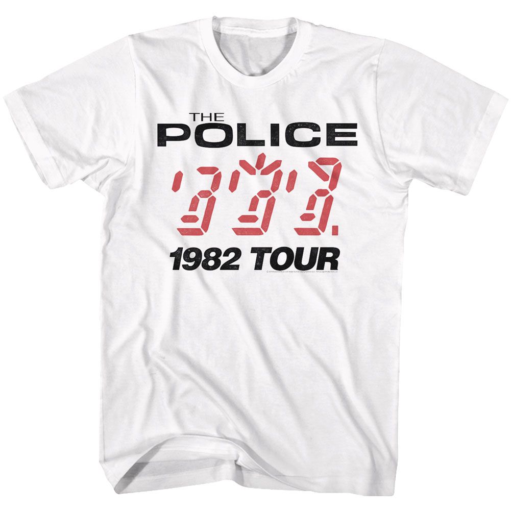 White T-shirt featuring The Police Ghost in the Machine 1982 Tour digital style graphic