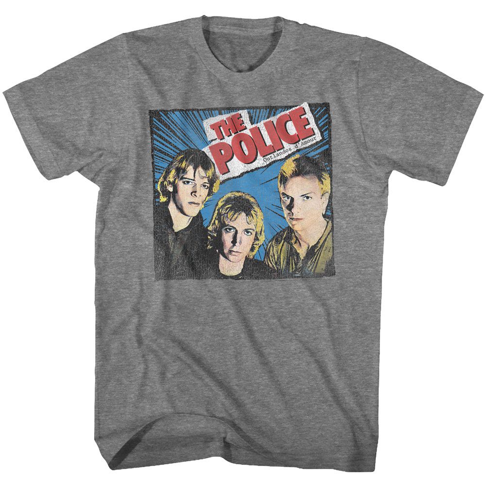 Gray T-shirt featuring The Police Outlandos d’Amour album cover artwork with band portraits