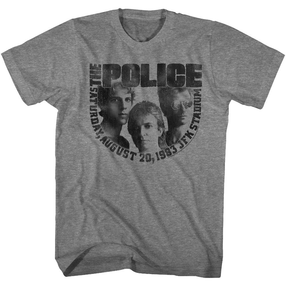 Gray T-shirt featuring The Police Shea’s Stadium August 20 1983 concert graphic with band portraits