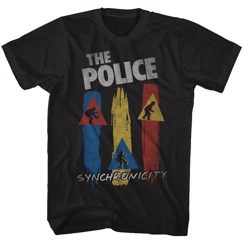 Black T-shirt featuring The Police Synchronicity album inspired design with red yellow blue graphics