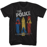 Black T-shirt featuring The Police Synchronicity album inspired design with red yellow blue graphics