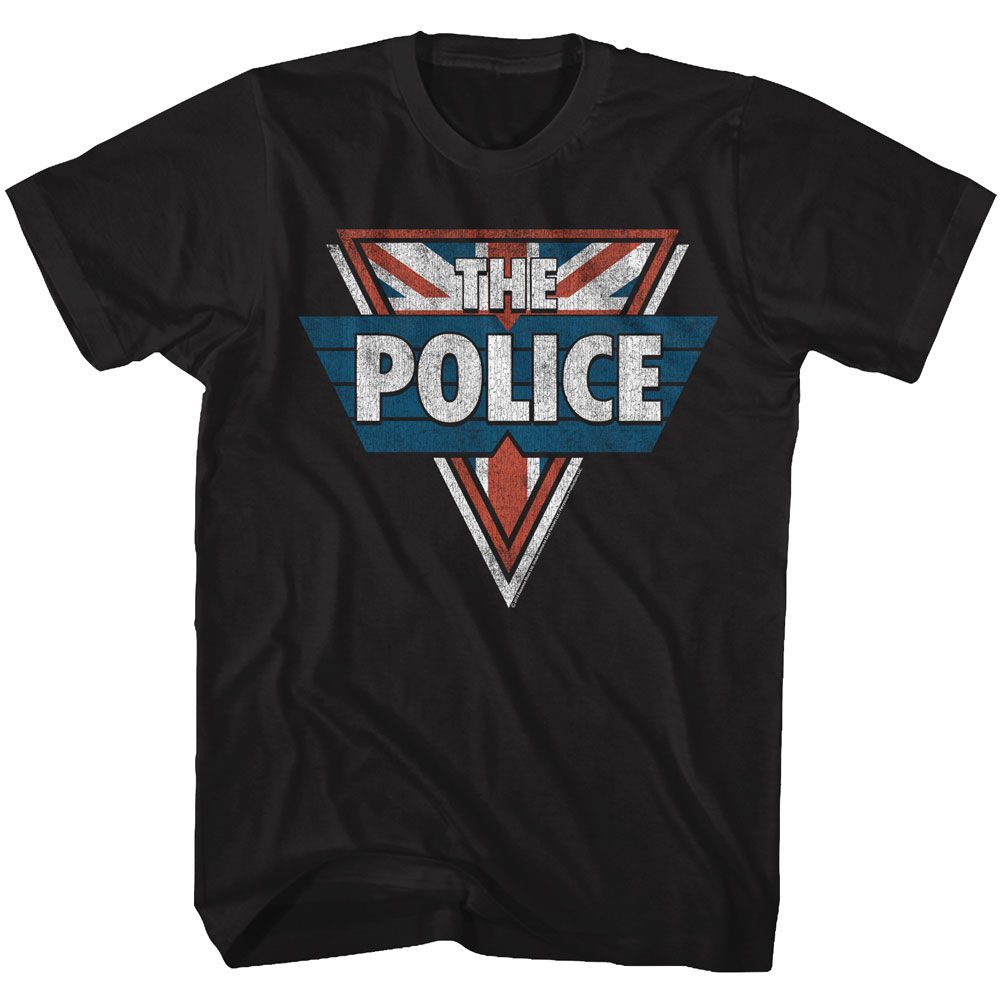Black T-shirt featuring The Police logo over a distressed Union Jack triangle design