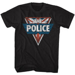 Black T-shirt featuring The Police logo over a distressed Union Jack triangle design