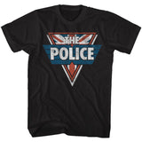 Black T-shirt featuring The Police logo over a distressed Union Jack triangle design
