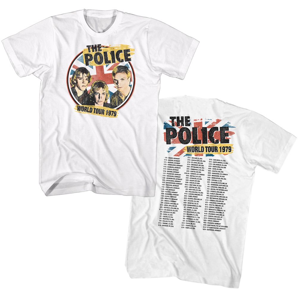 White T-shirt featuring The Police World Tour 1979 graphic on front with full tour dates on back