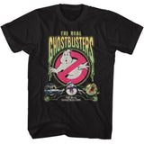 Black T-shirt featuring The Real Ghostbusters logo with No Ghost symbol, Ecto-1, Stay Puft, and Slimer graphics