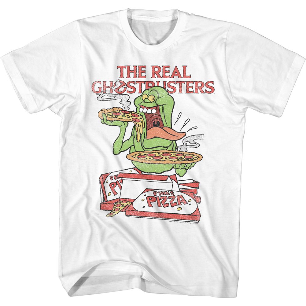 White The Real Ghostbusters T-shirt featuring Slimer eating pizza with stacked pizza boxes