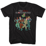 Black T-shirt featuring The Real Ghostbusters animated team with Slimer above them