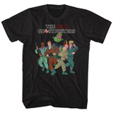 Black T-shirt featuring The Real Ghostbusters animated team with Slimer above them