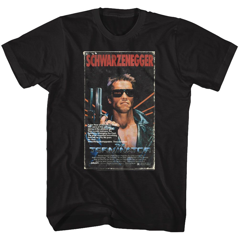Black Terminator T-shirt featuring Arnold Schwarzenegger holding a gun in the classic 1984 movie poster design with “Schwarzenegger” in red text above.