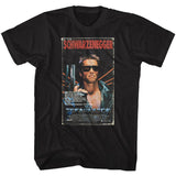 Black Terminator T-shirt featuring Arnold Schwarzenegger holding a gun in the classic 1984 movie poster design with “Schwarzenegger” in red text above.