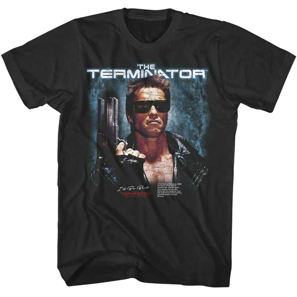 Black Terminator T-shirt featuring Arnold Schwarzenegger as the Terminator in sunglasses holding a gun with the text “The Terminator” above.