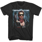 Black Terminator T-shirt featuring Arnold Schwarzenegger as the Terminator in sunglasses holding a gun with the text “The Terminator” above.