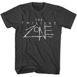 Distressed The Twilight Zone logo printed in white on a black T-shirt