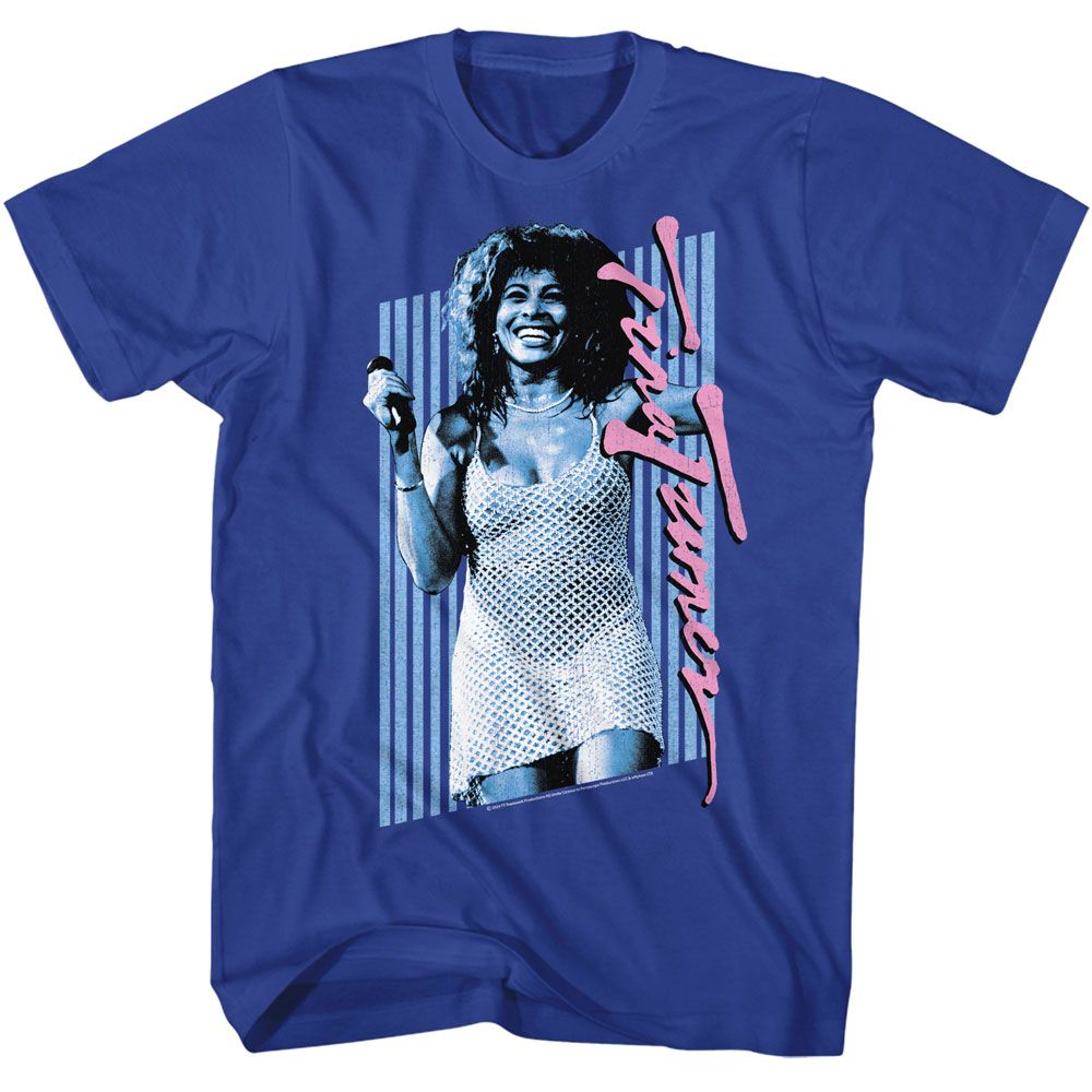 Bright blue T-shirt featuring a blue-toned photo of Tina Turner against vertical stripes, with her name written in large pink script along the right side.